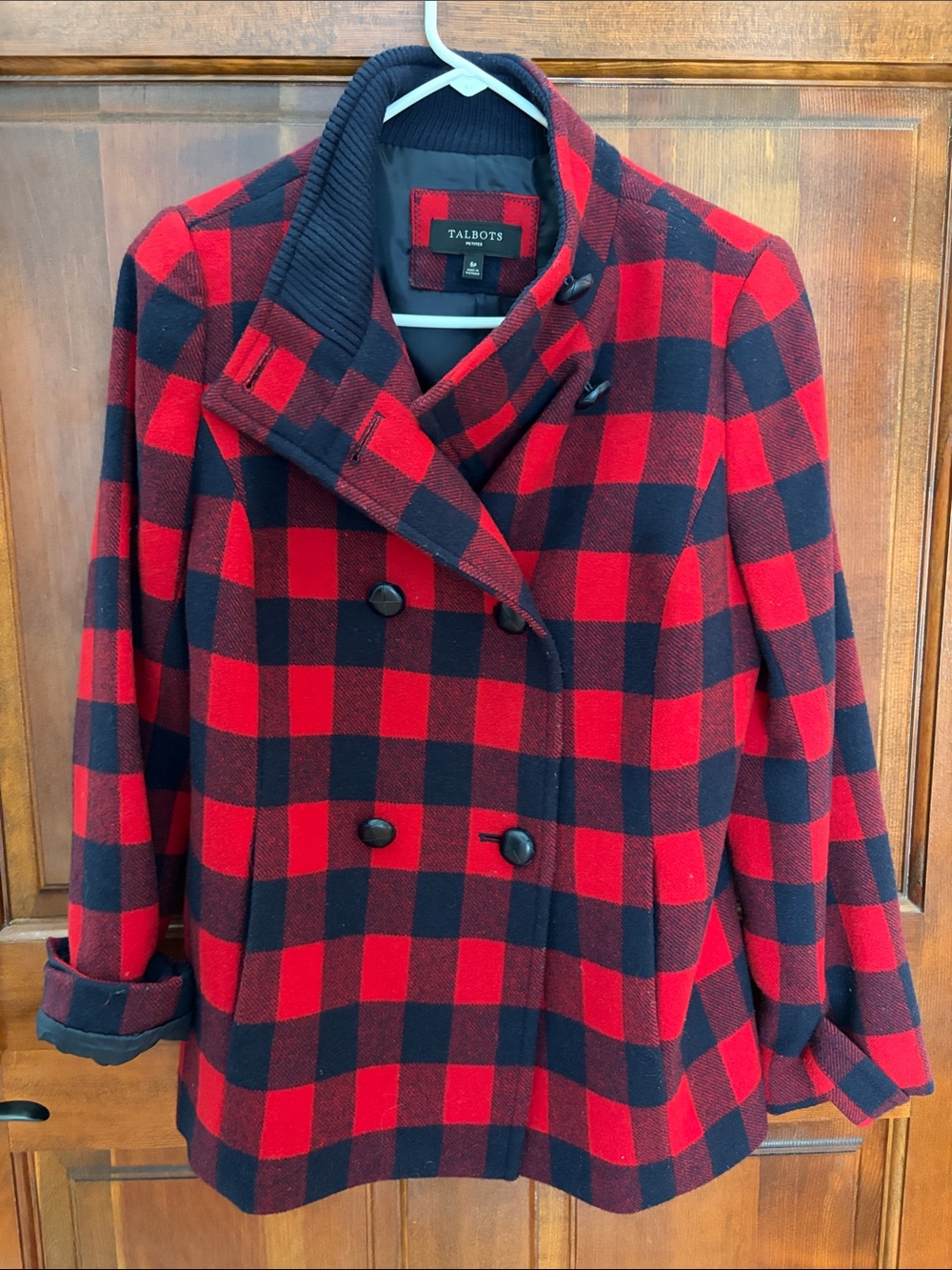 Talbots Red and Navy Buffalo Plaid Double-Breasted Peacoat